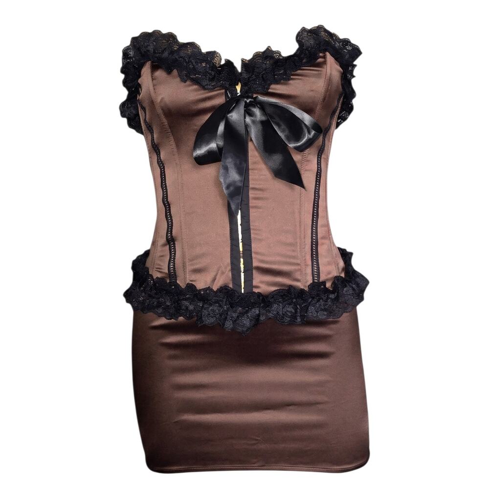 Brown Black Lace Corset Micro Mini Skirt Set M Y2K New Pink NWOT